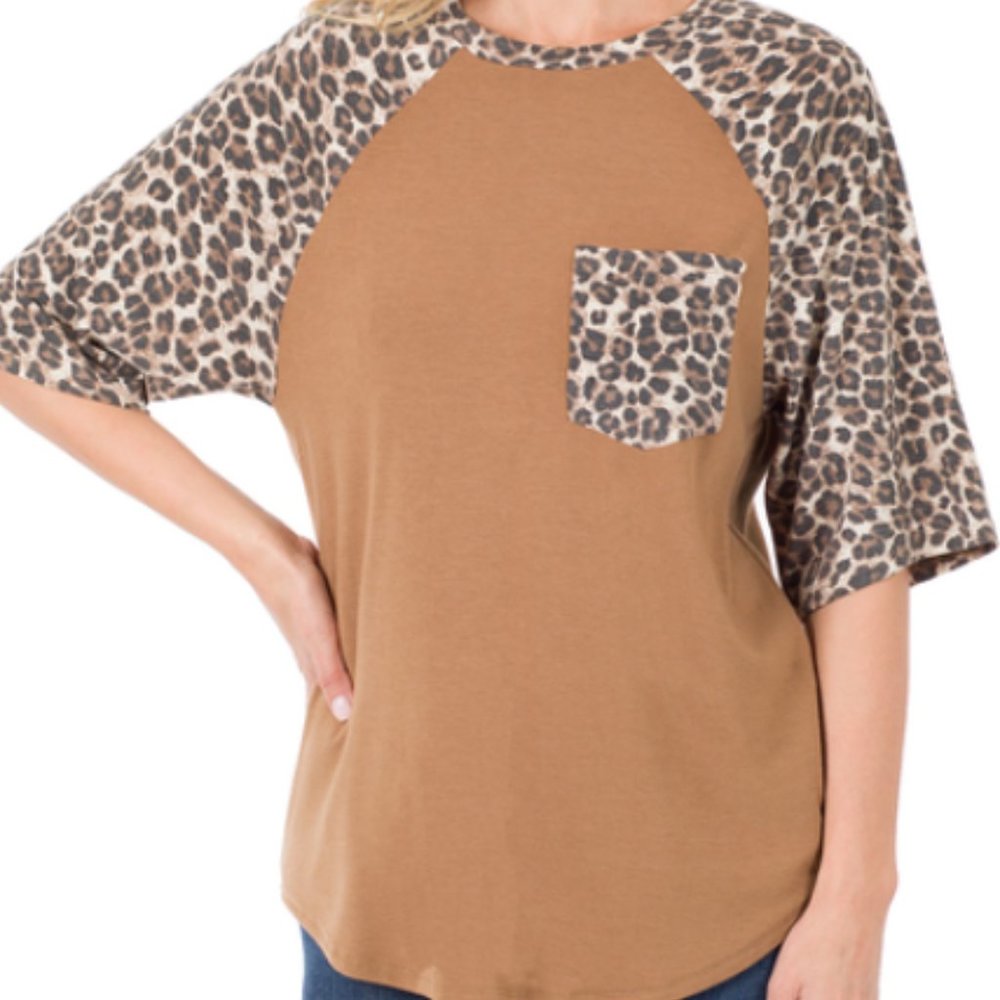 ZENANA DEEP CAMEL & LEOPARD PRINT HALF SLEEVE TUNIC